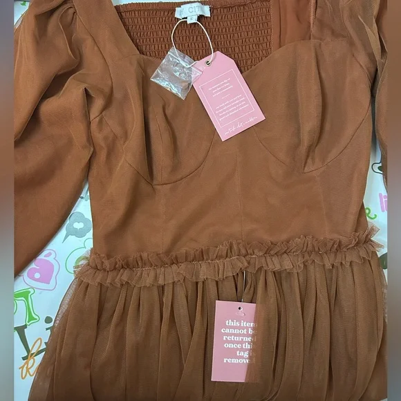 Ivy City Co. Dress NWT S Florence Midi Rust Tulle Sweatheart Smocked Puff Sleeve - Picture 9 of 10